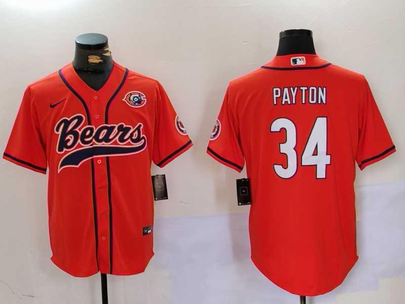 Mens Chicago Bears #34 Walter Payton Orange Throwback With Patch Cool Base Stitched Baseball Jersey